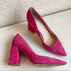 Mark fisher Zala hot pink leather suede block heels